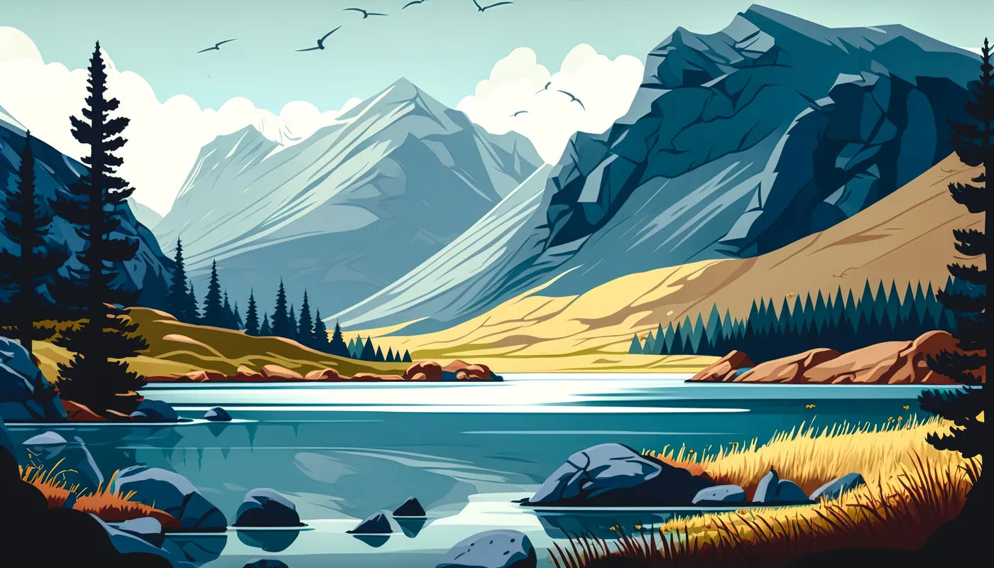 Papier peint panoramique montagnes et lac design