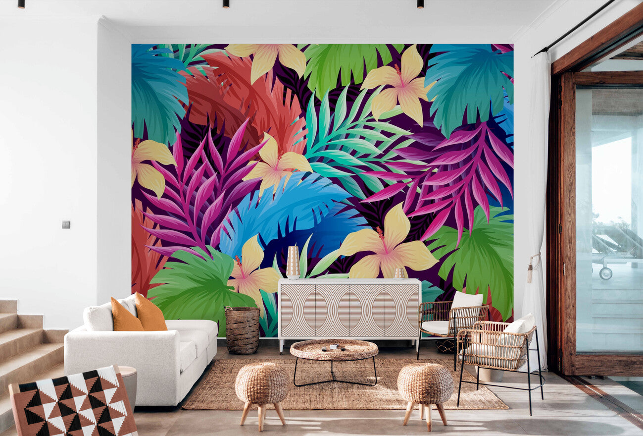 Papier peint feuillage tropical multicolore
