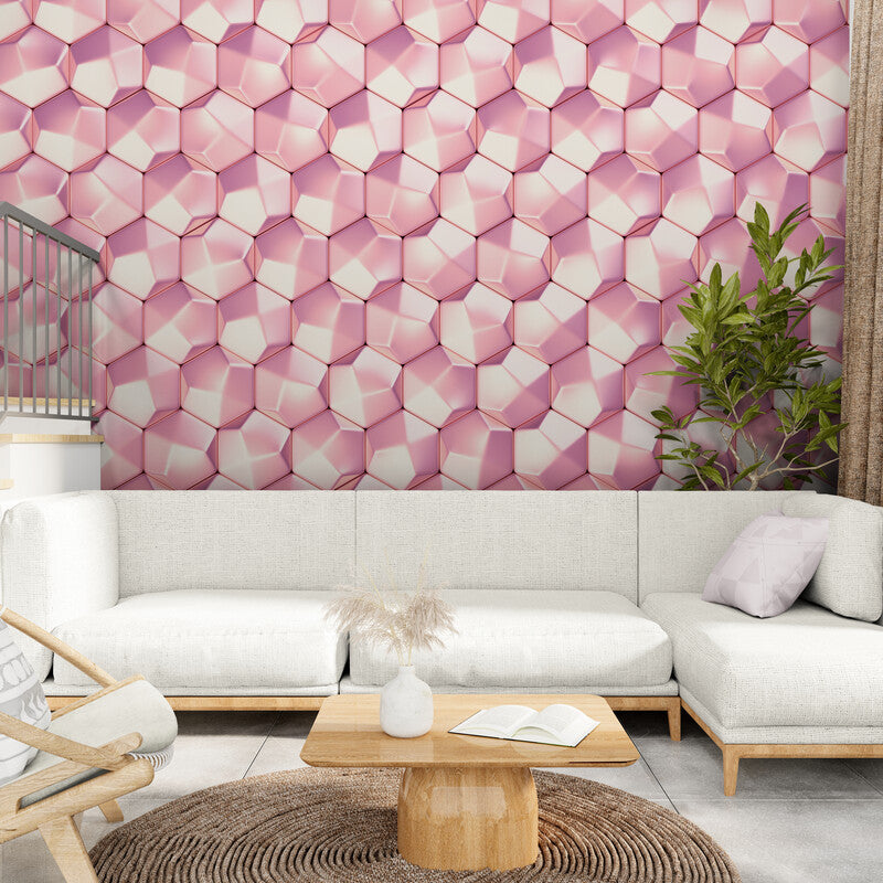 Papier peint géométrique hexagone rose