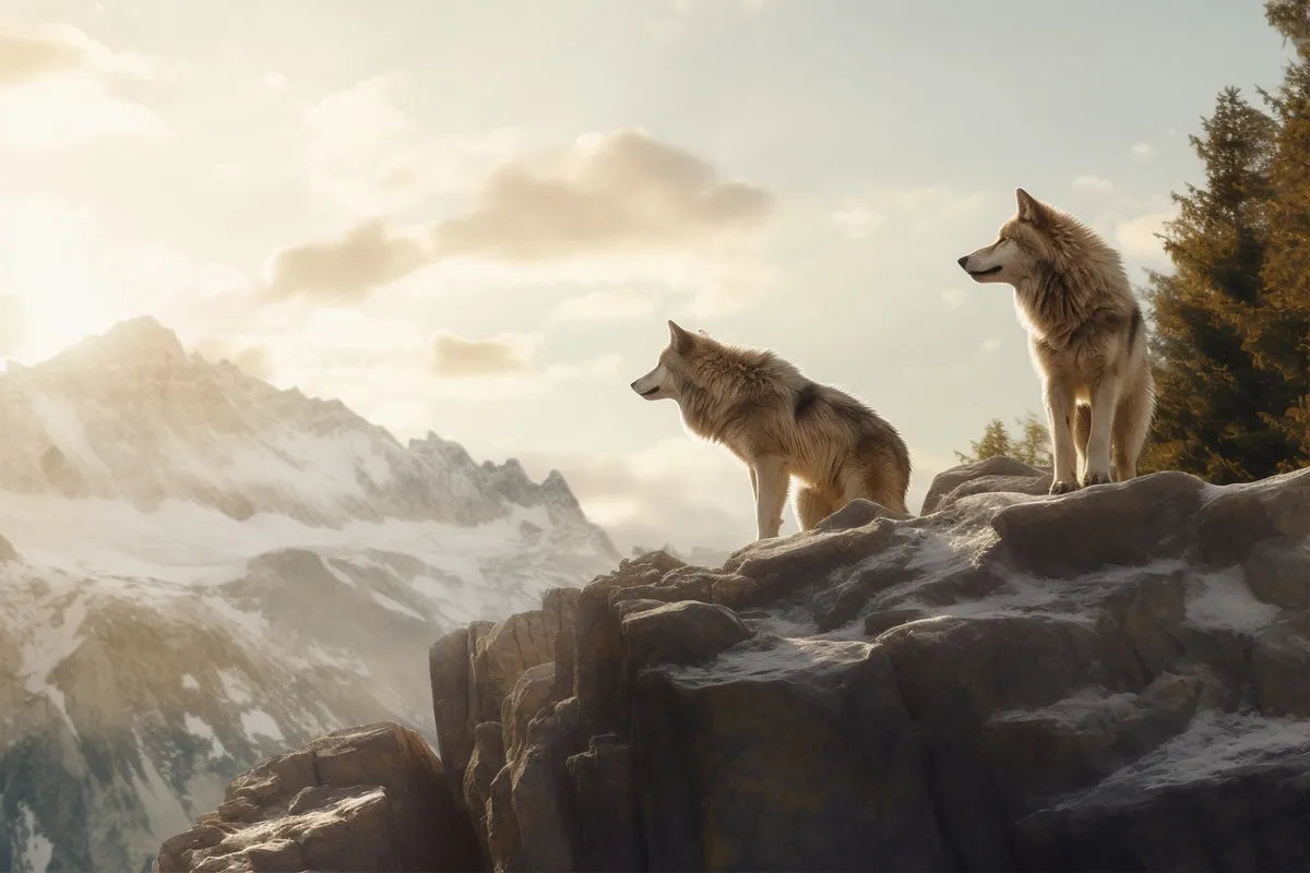 Papier peint paysage panoramique montagne et loups