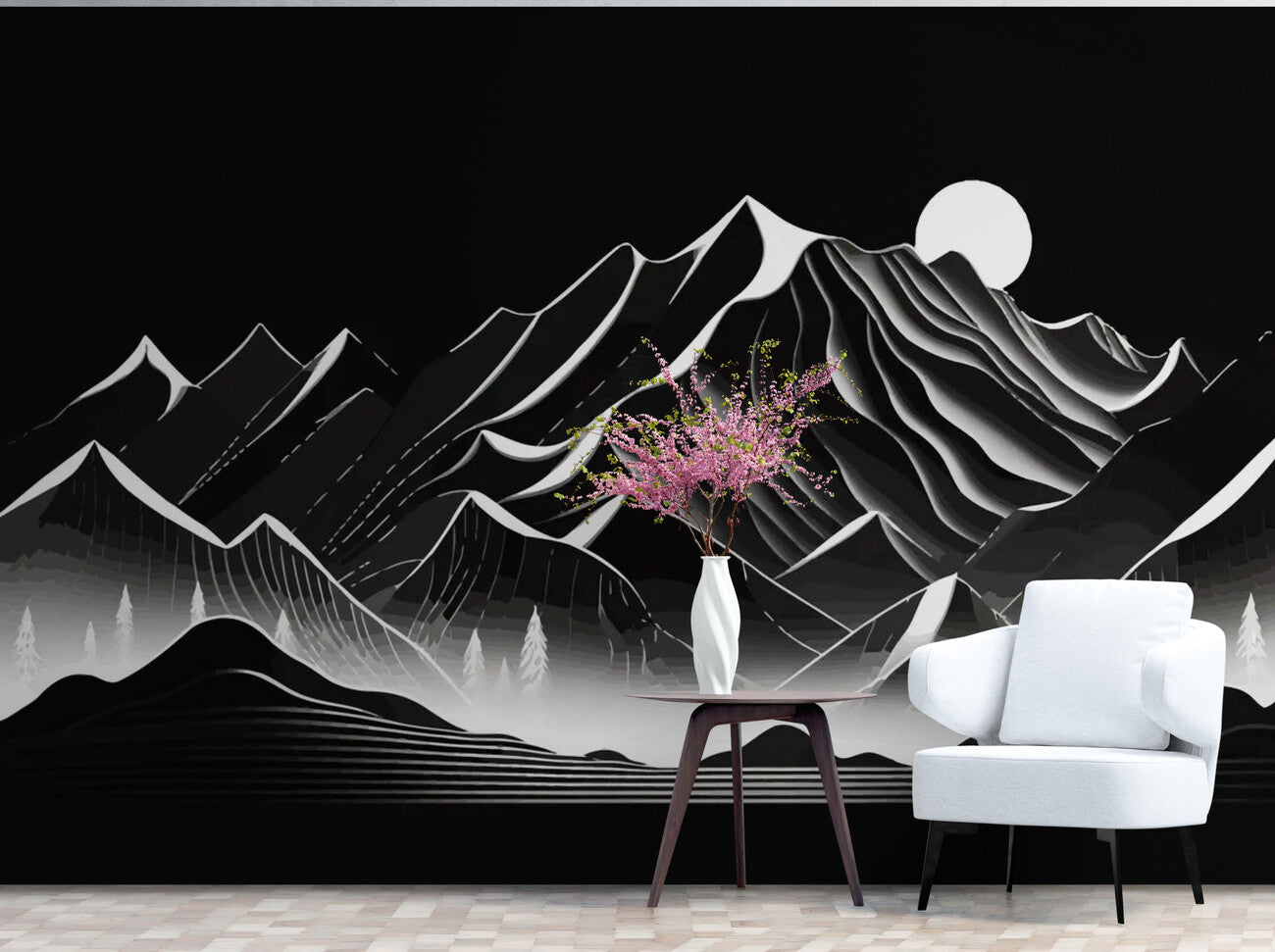 Papier peint panoramique montagnes noir et blanc