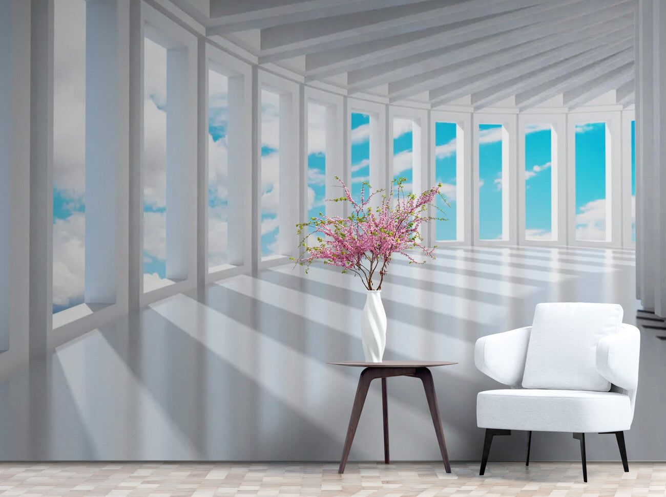 Papier peint panoramique couloir blanc et nuages