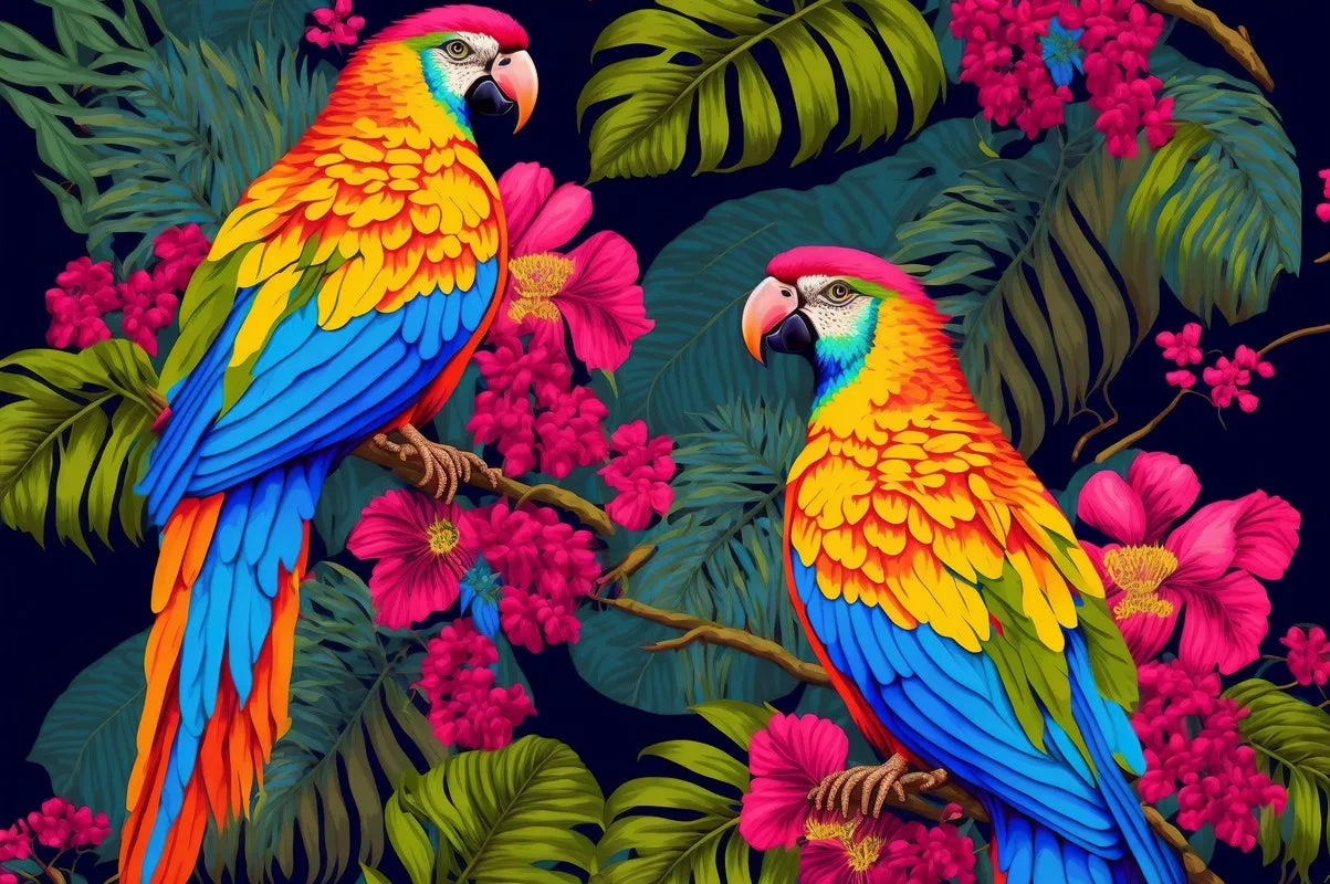 Papier peint plantes et oiseaux tropicaux