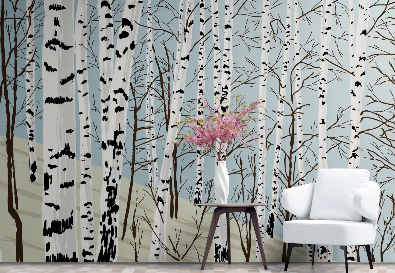 Papier peint arbres bouleaux deco murs salon