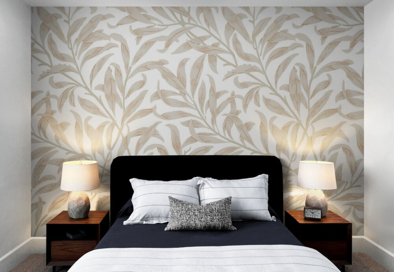 Papier peint feuillage beige chambre tapisserie