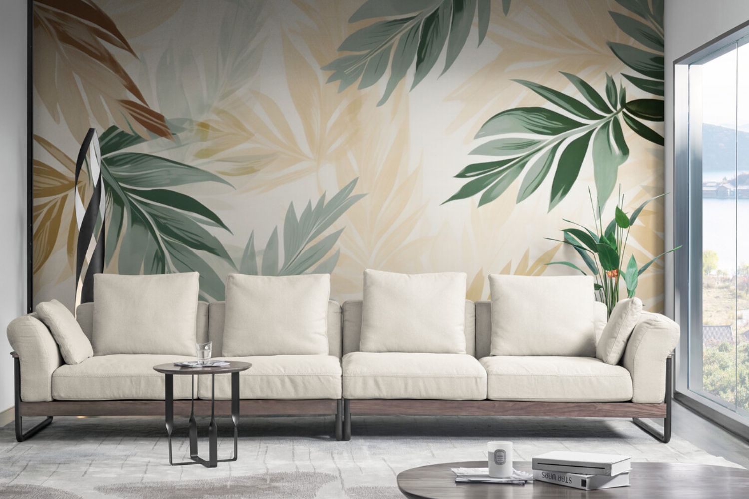 Papier peint feuille de palmier beige salon tapisserie