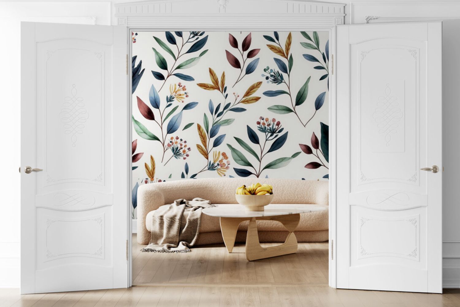 Papier peint feuilles et fleurs motif mural tapisserie salon