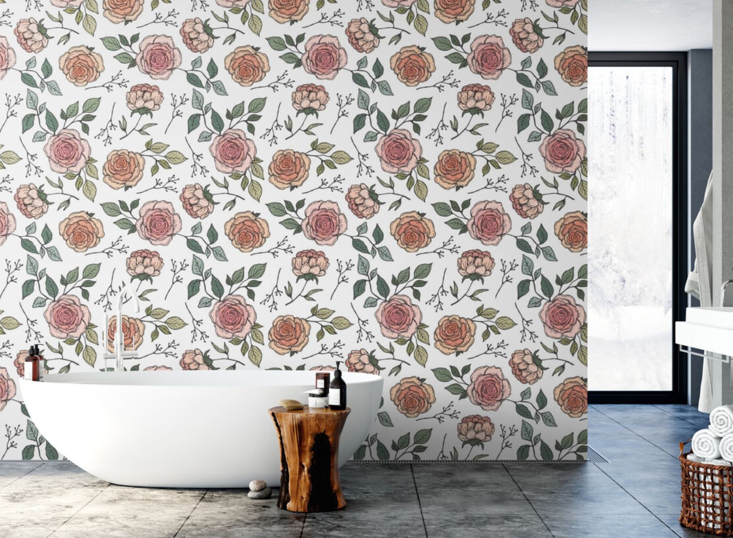 Papier peint fleuri salle de bain moderne deco