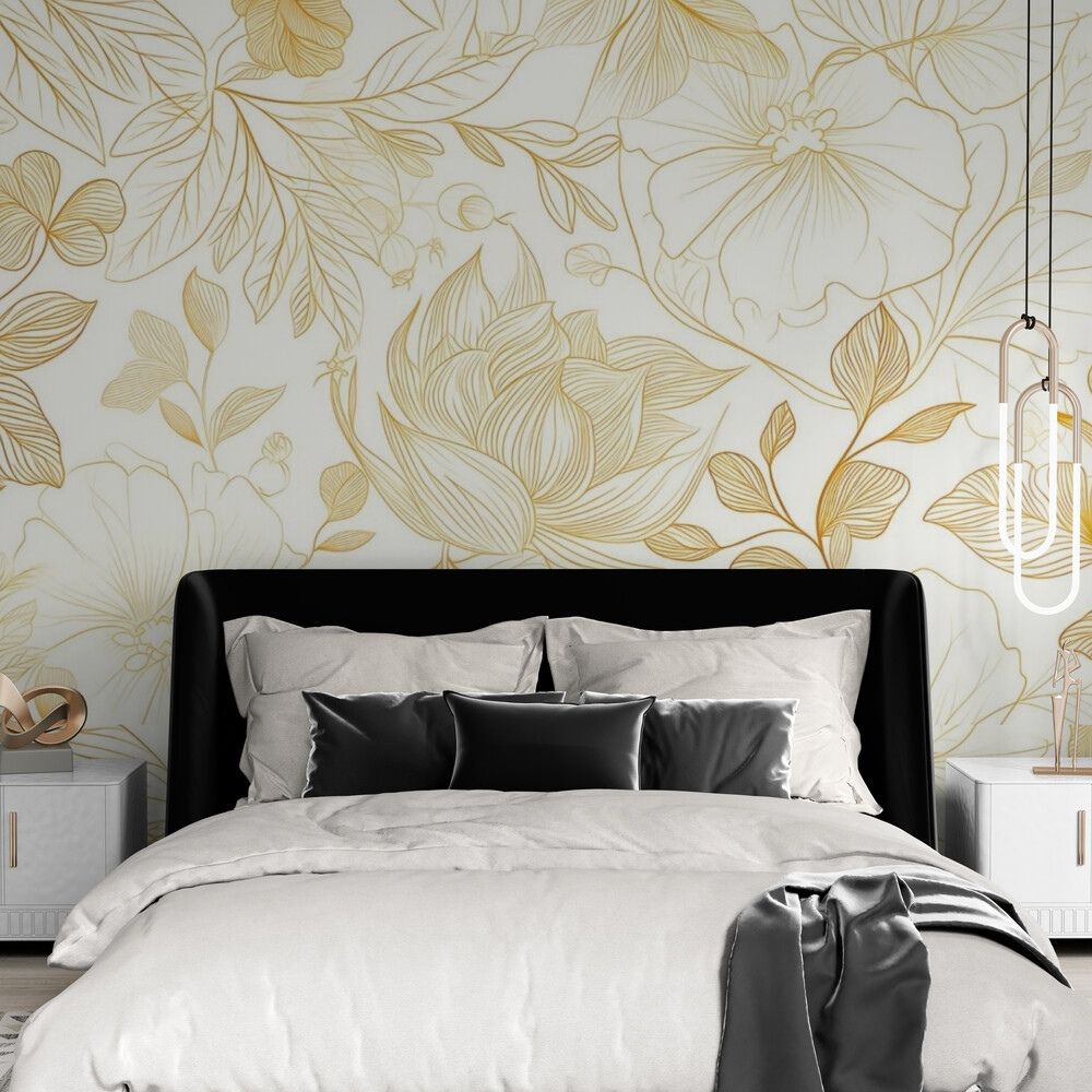 Papier peint fleurs dorées tapisserie murale chambre