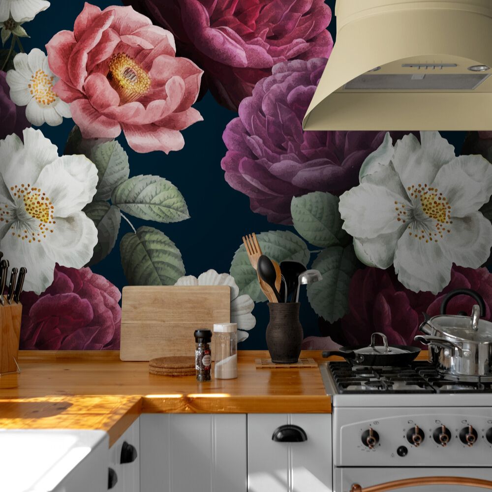 Papier peint grosses fleurs motif mur cuisine