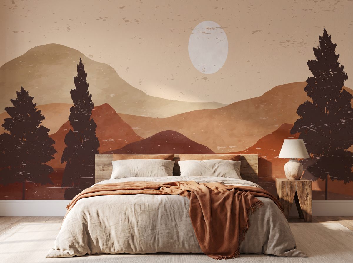 Papier peint montagne terracotta et marron chocolat en situation