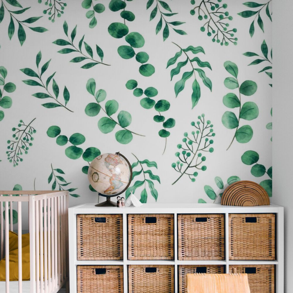 Papier peint motif feuilles d'eucalyptus chambre enfant
