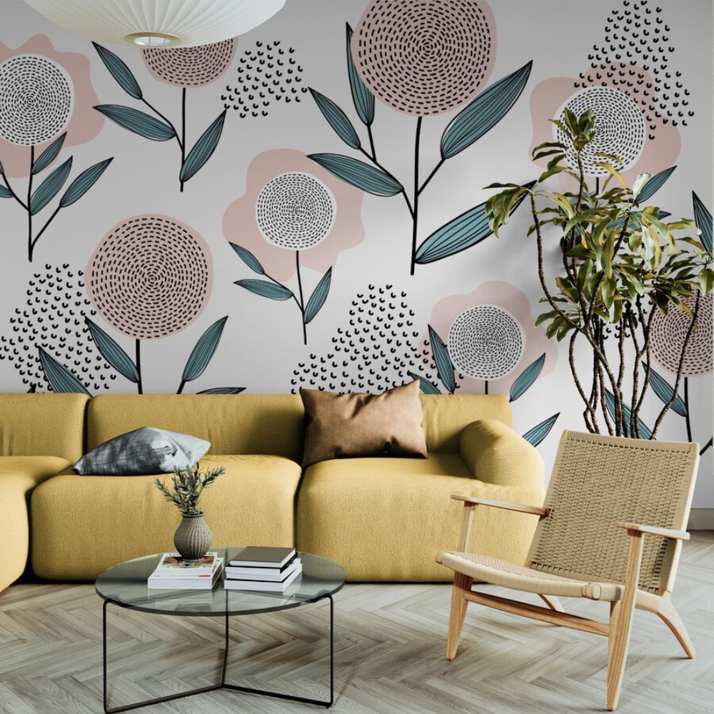 Papier peint motif fleur design salon tapisserie