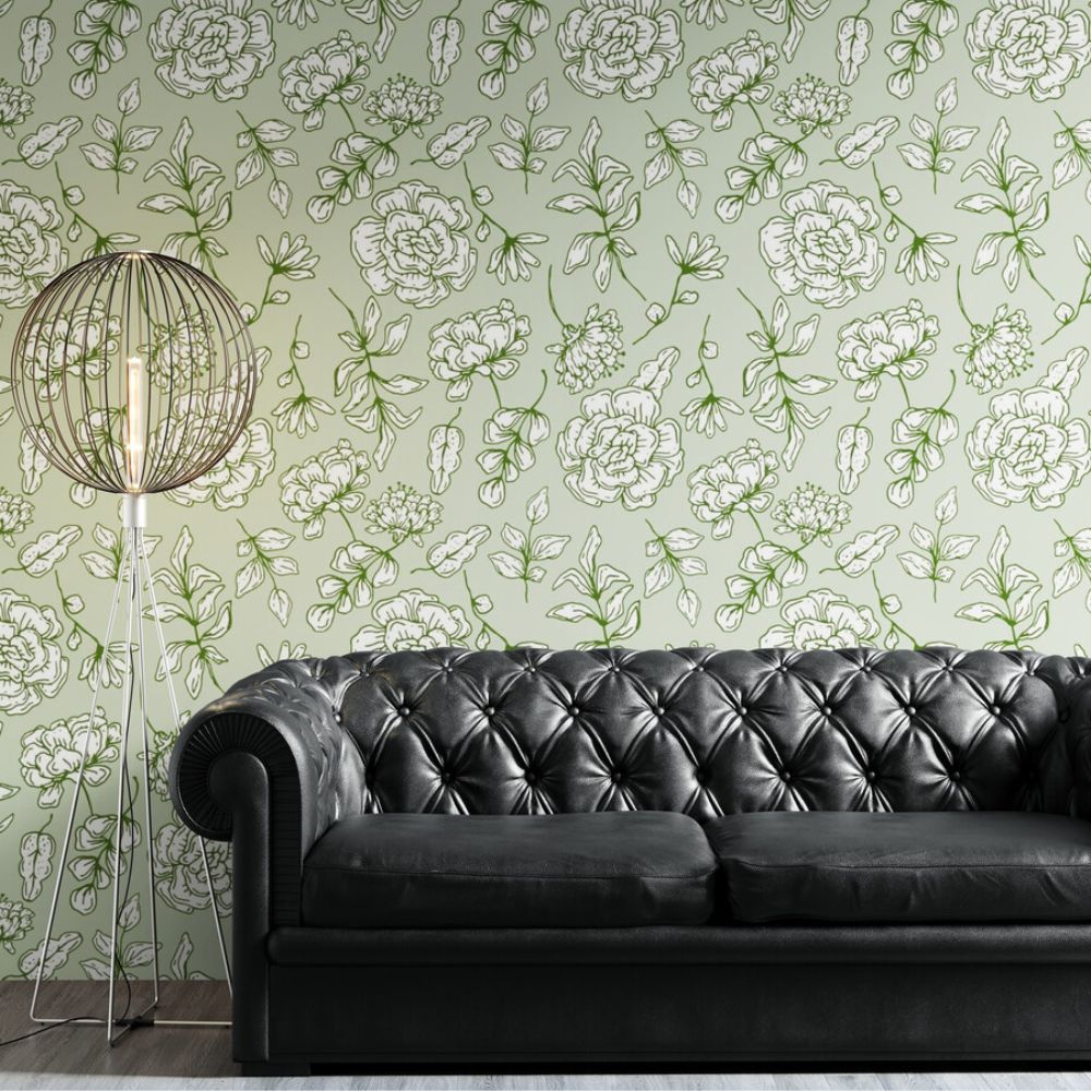 Papier peint motif fleuri vintage vert salon tapisserie