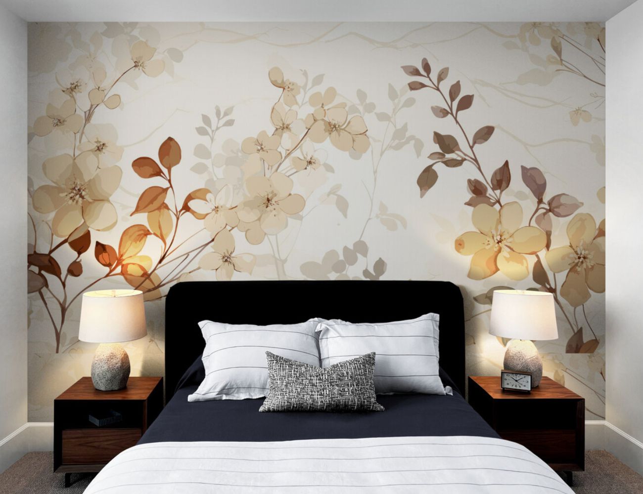 Papier peint motif fleurs couleur beige chambre tapisserie 