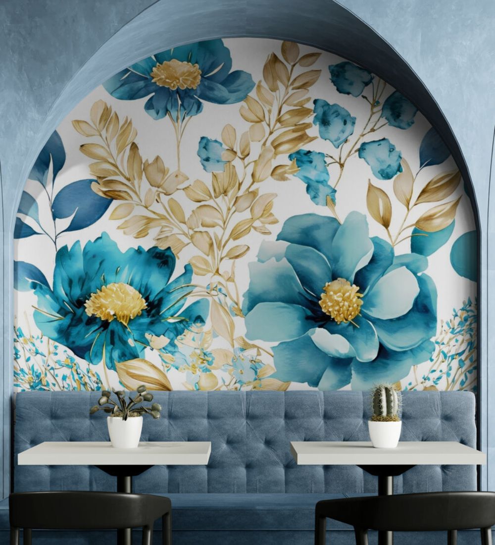 Papier peint motif fleurs couleur bleu canard tapisserie
