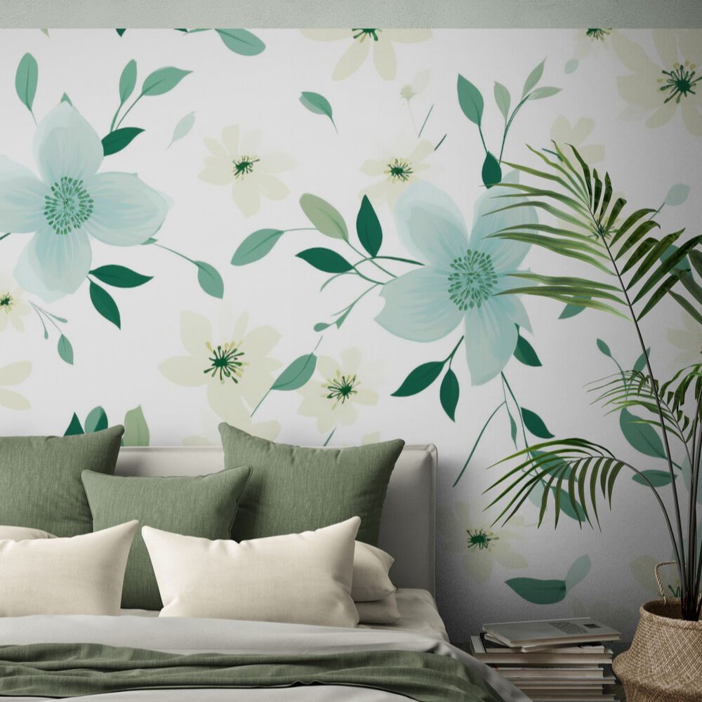 Papier peint motif fleurs couleur vert d'eau mur