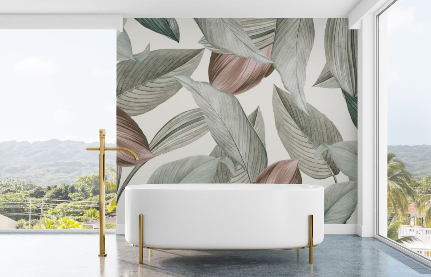Papier peint motif grandes feuilles salle de bain
