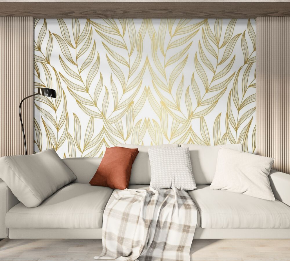 Papier peint panoramique feuilles d'or salon