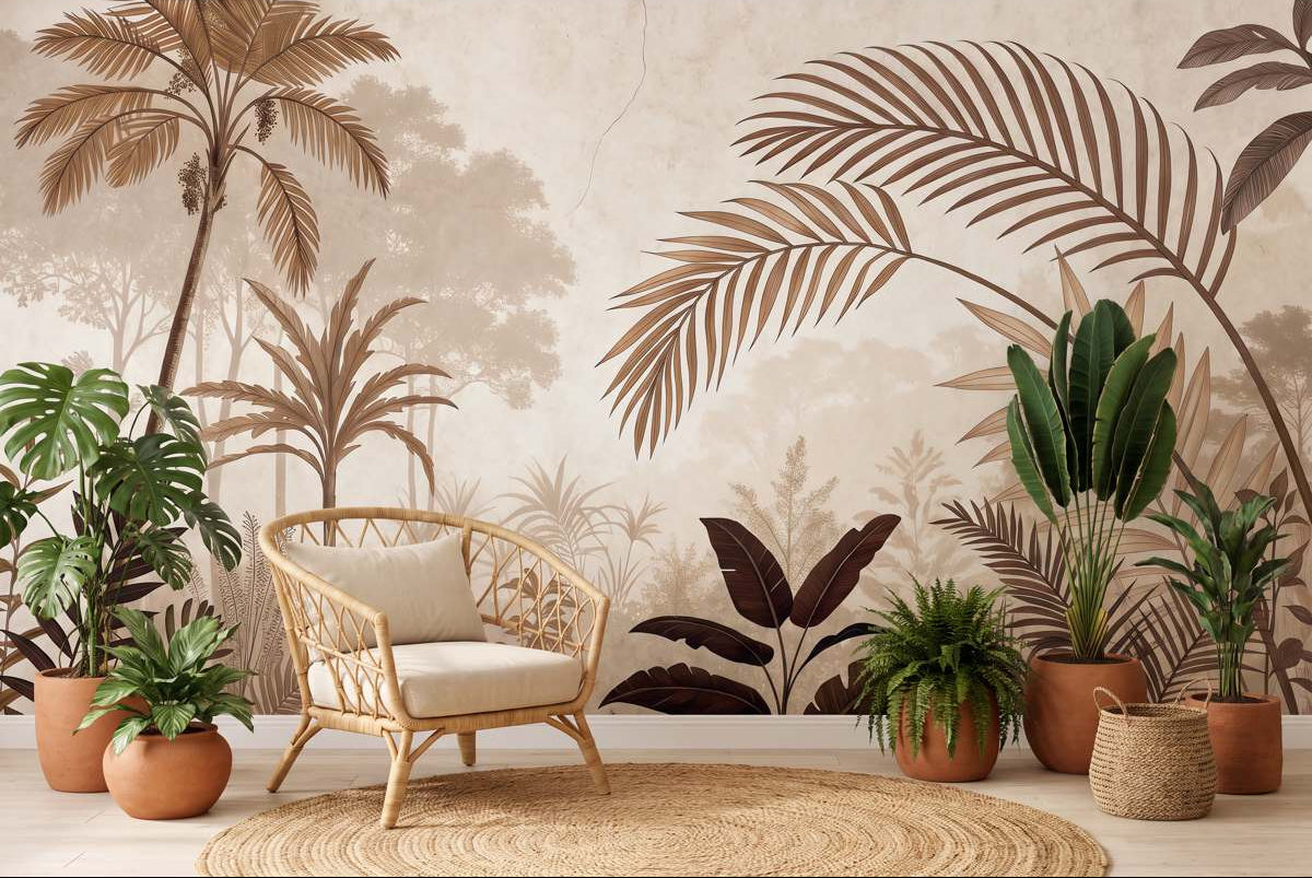 Papier peint panoramique jungle terracotta en situation