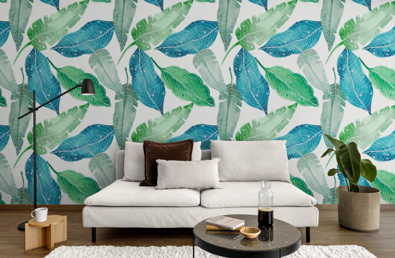 Papier peint tropical bleu canard mur décoration