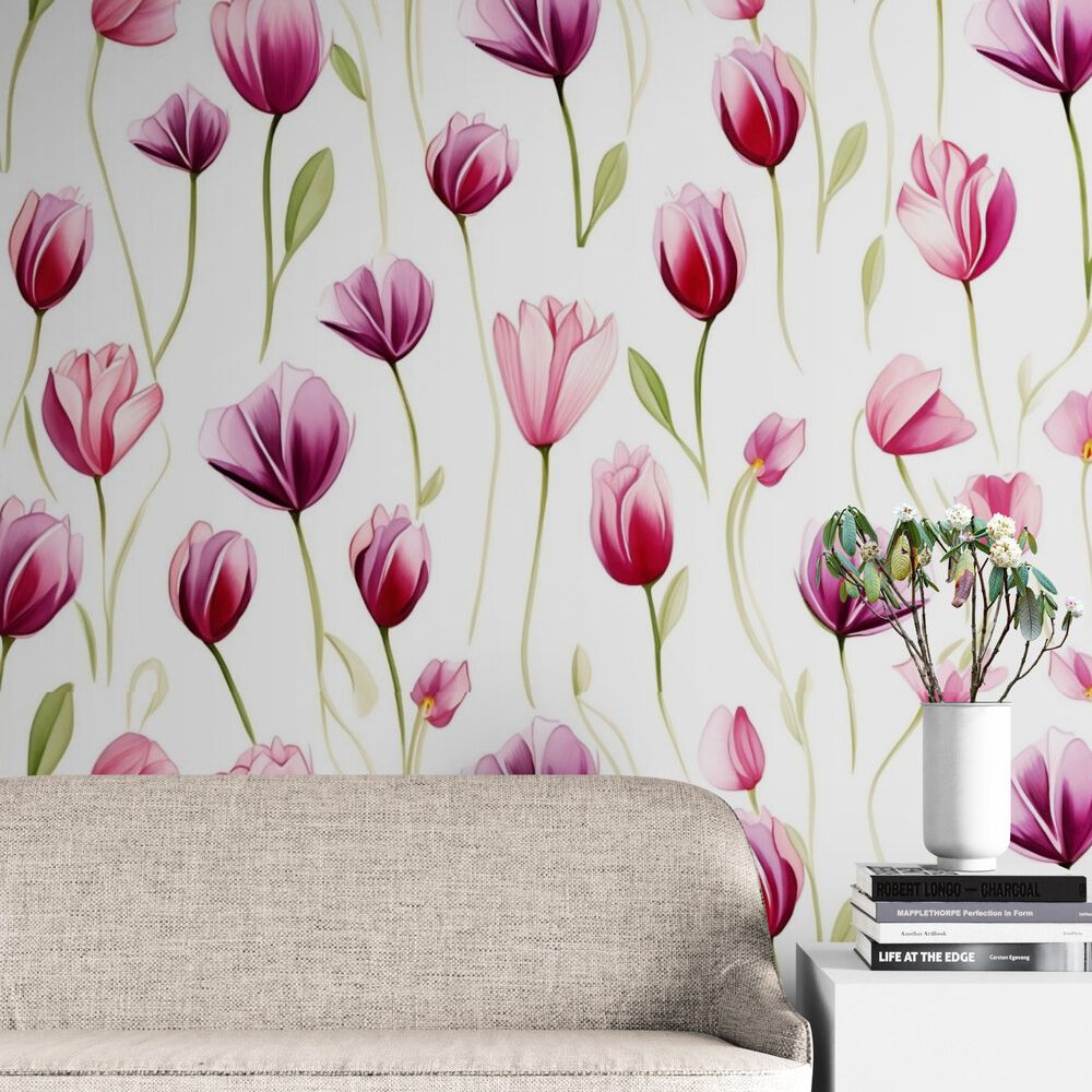 Papier peint tulipes mur salon tapisserie