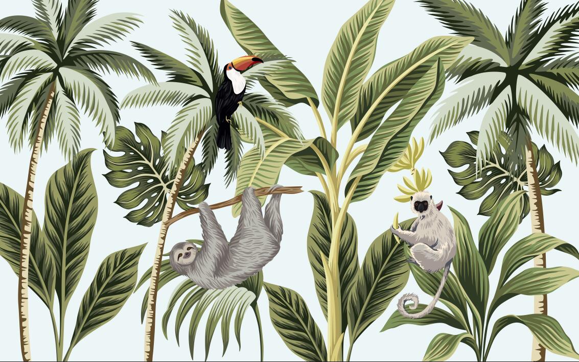 Papier‎ peint‎ animaux‎ panoramique‎ toucan,‎ paresseux‎ et‎ singe