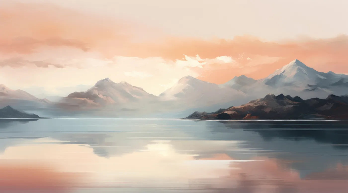 Papier peint panoramique montagne et lac pastel