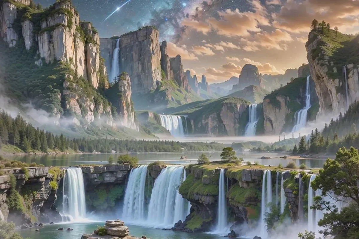 Papier peint panoramique paysage montagne et cascade