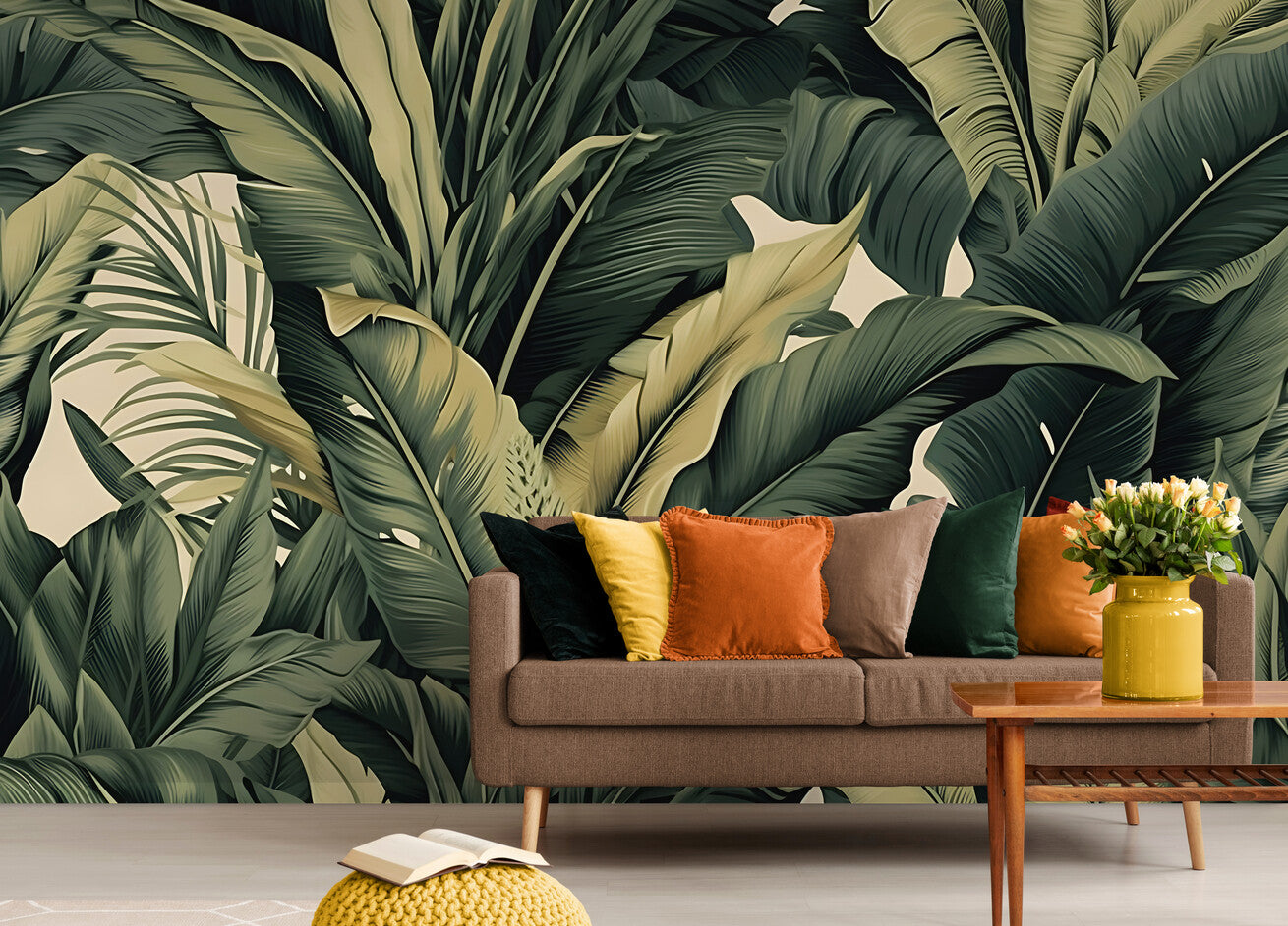 Papier peint vintage feuillage plantes tropicales