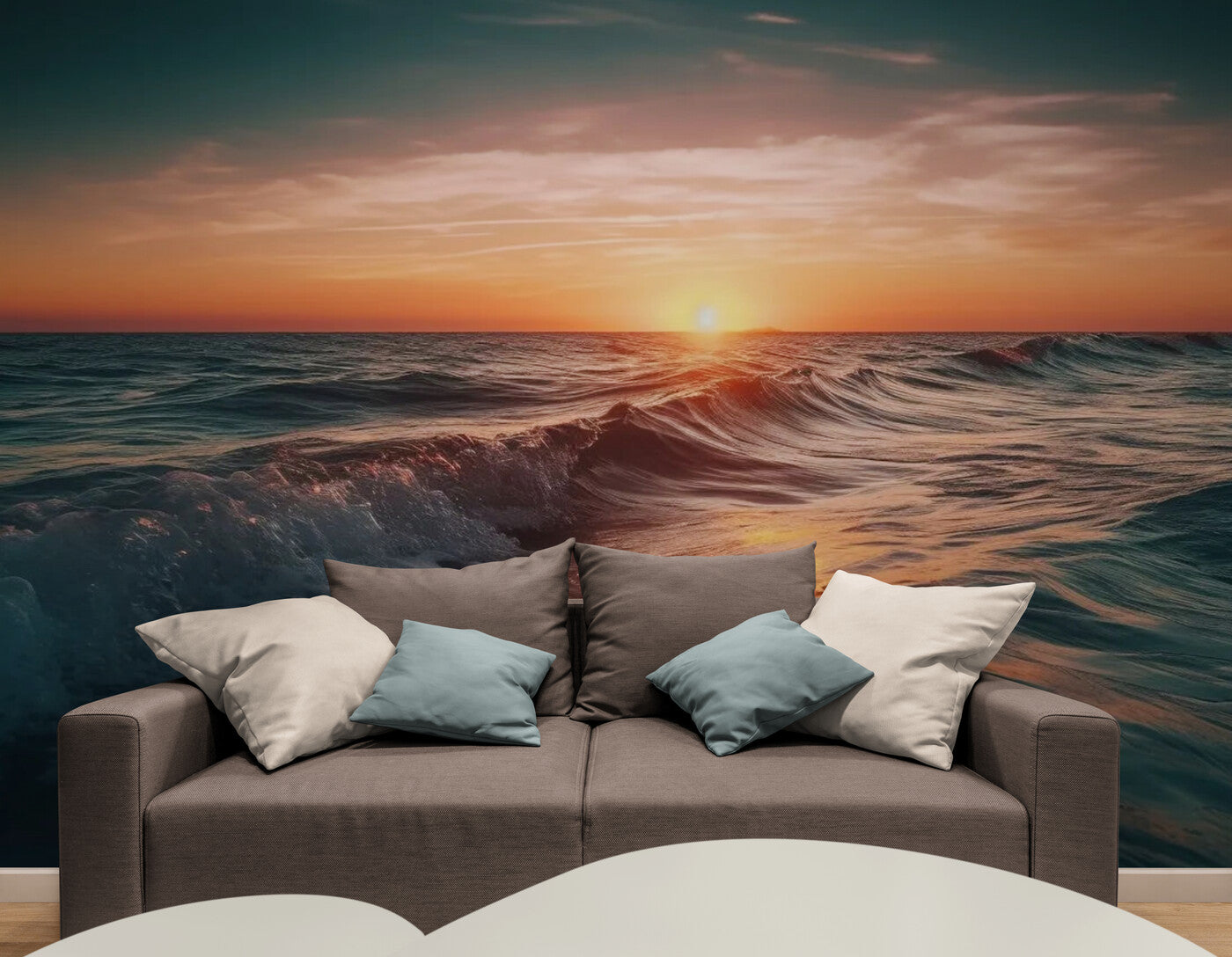Papier peint panoramique coucher de soleil et vagues