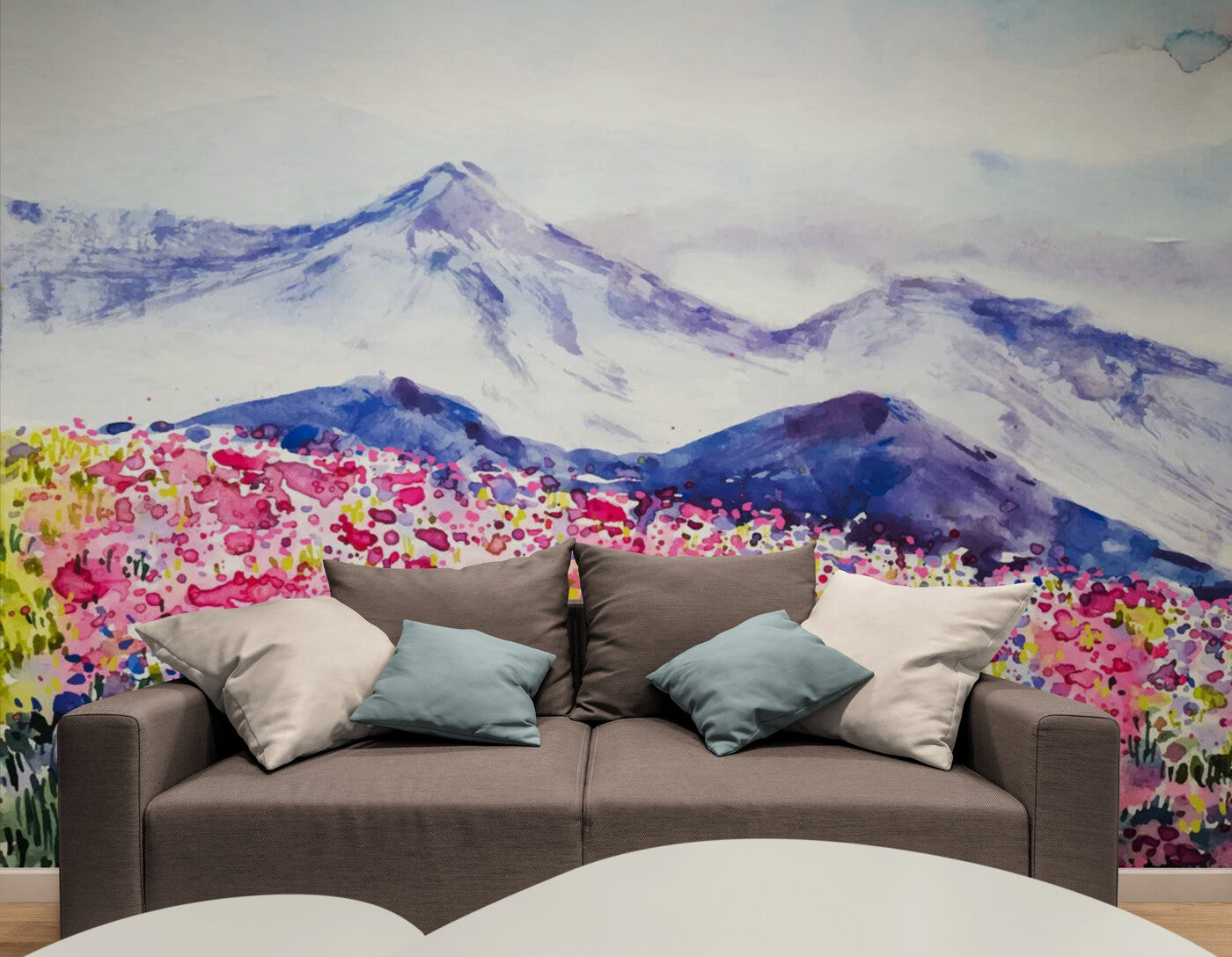 Papier peint panoramique montagne et fleurs