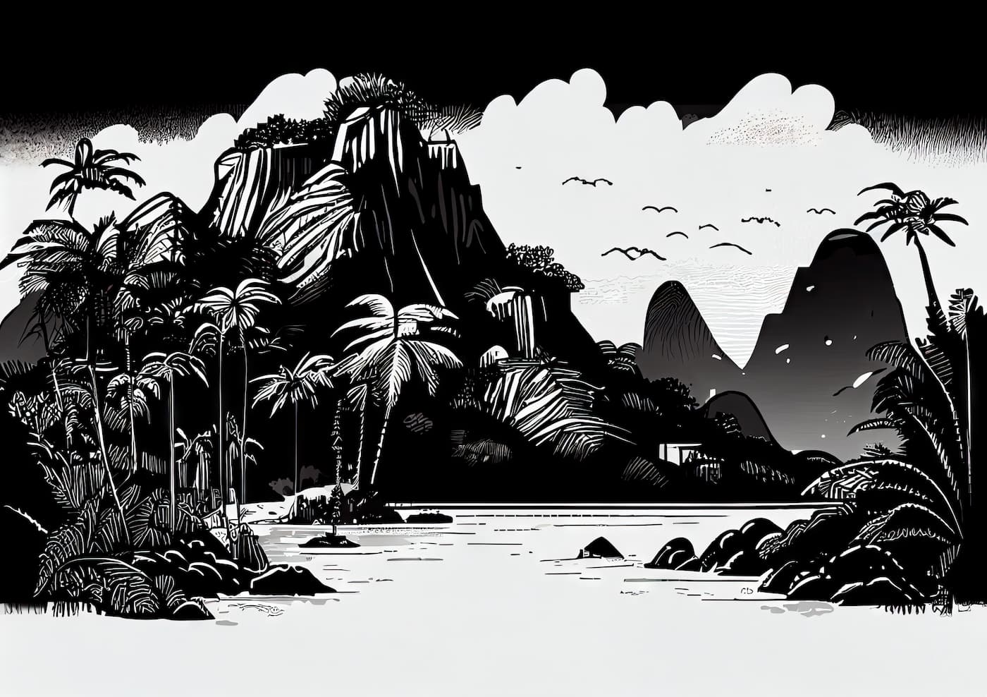 Papier peint paysage panoramique tropical noir et blanc
