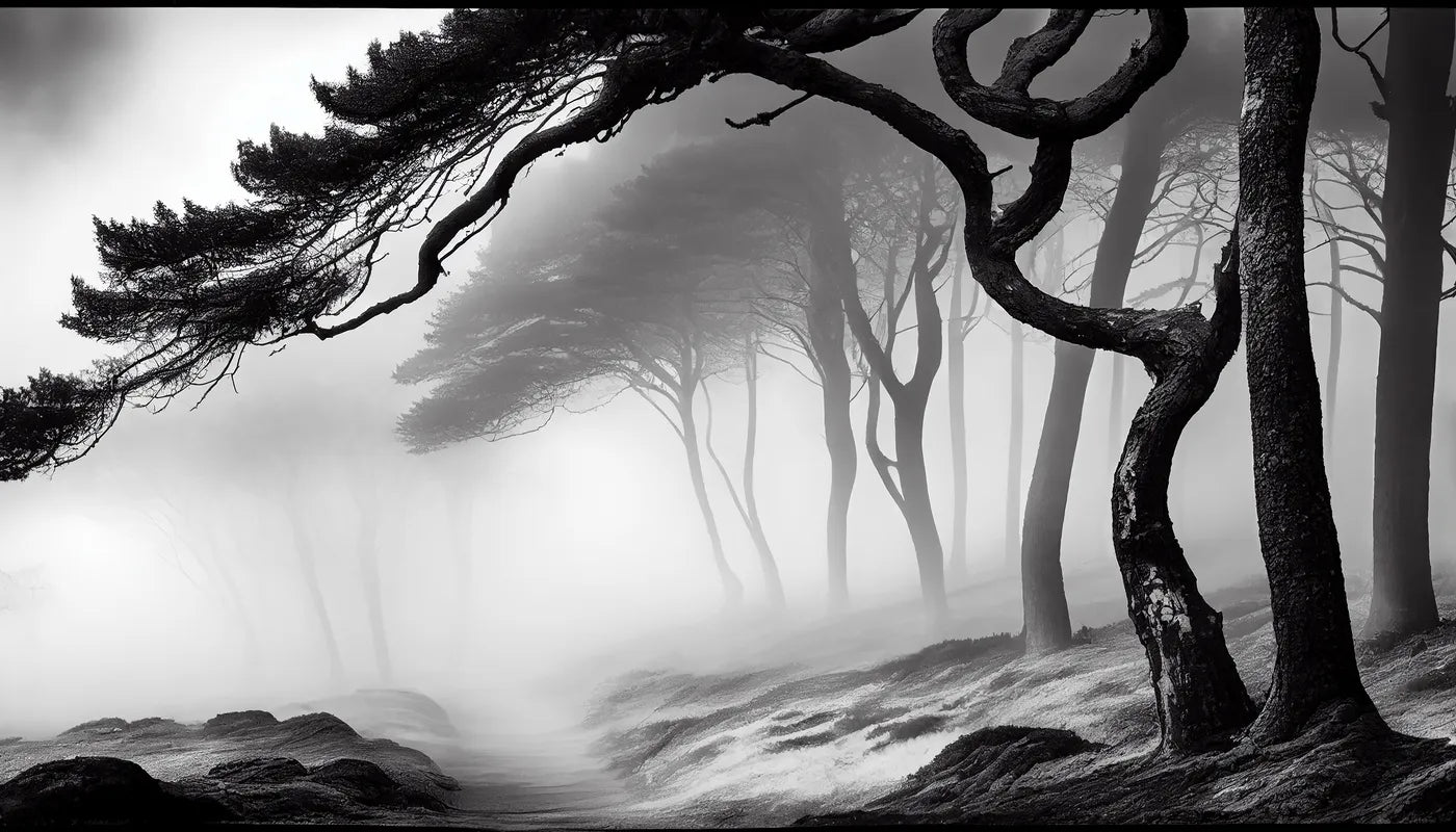 Papier peint noir et blanc forêt brumeuse