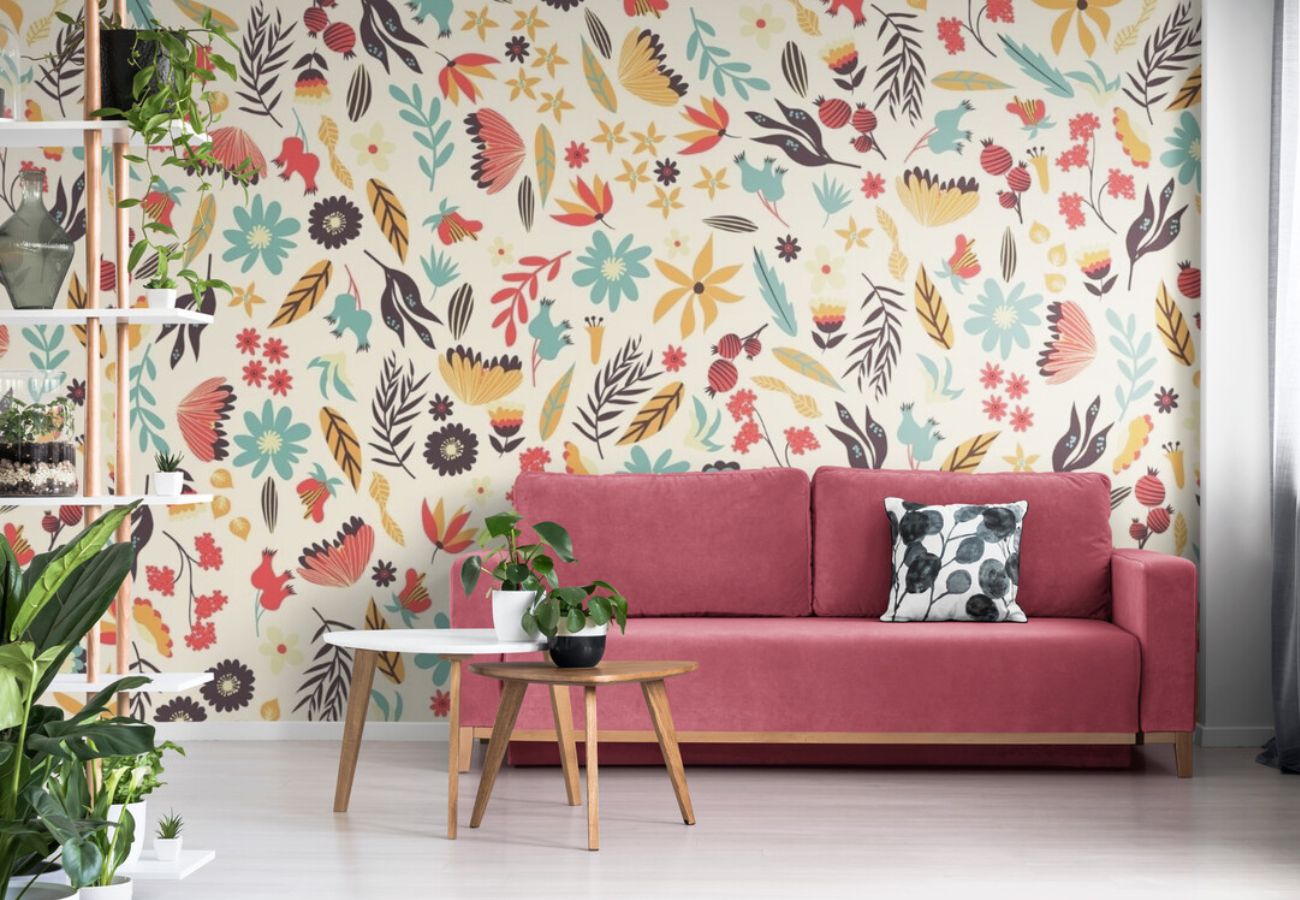 Papier peint style bohème en fleurs tapisserie murale salon