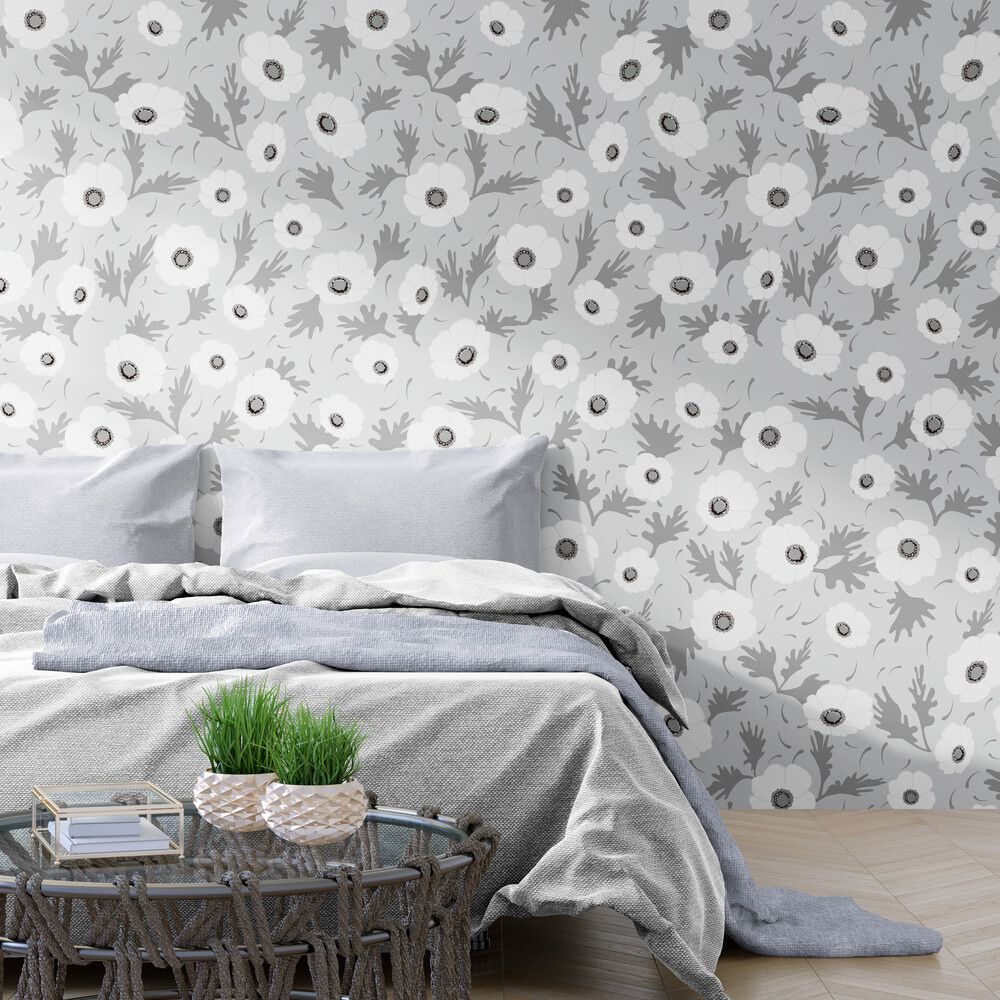 tapisserie Papier peint fleurs sur fond gris chambre