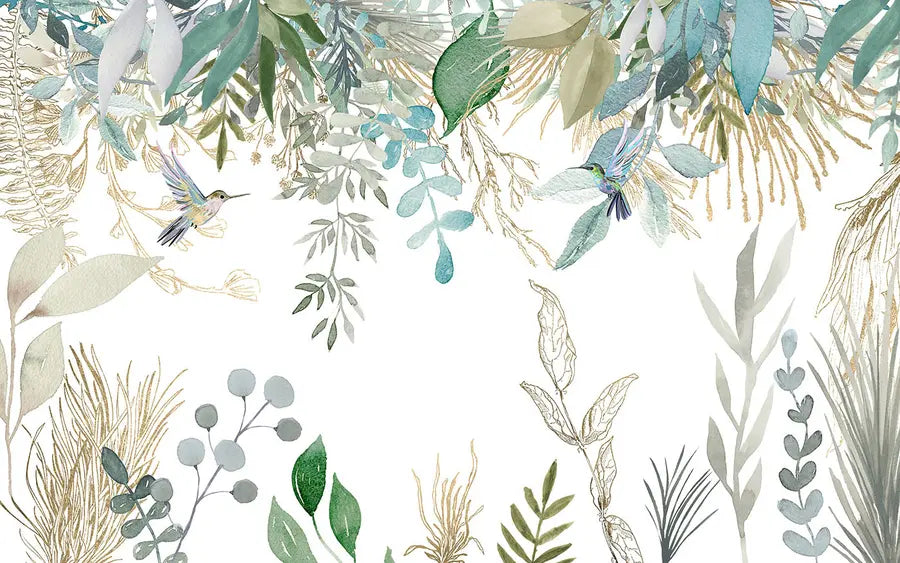 Papier peint oiseaux et feuilles tropicales
