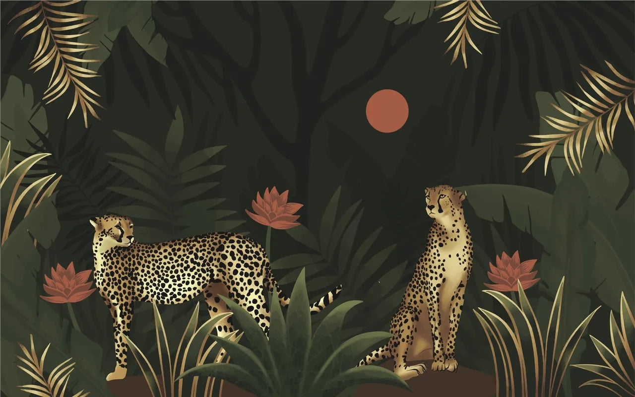 Papier‎ peint‎ plantes‎ tropicales‎ et‎ guépards