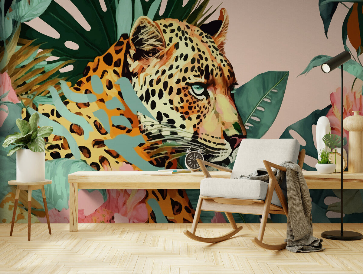 Papier peint feuillage tropical et léopard