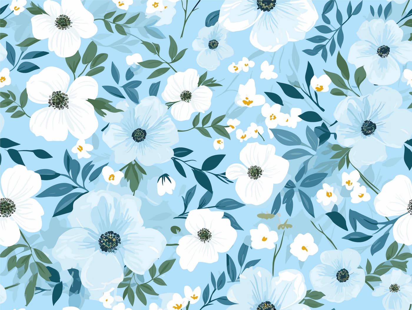 Papier peint vintage fleurs blanches sur fond bleu