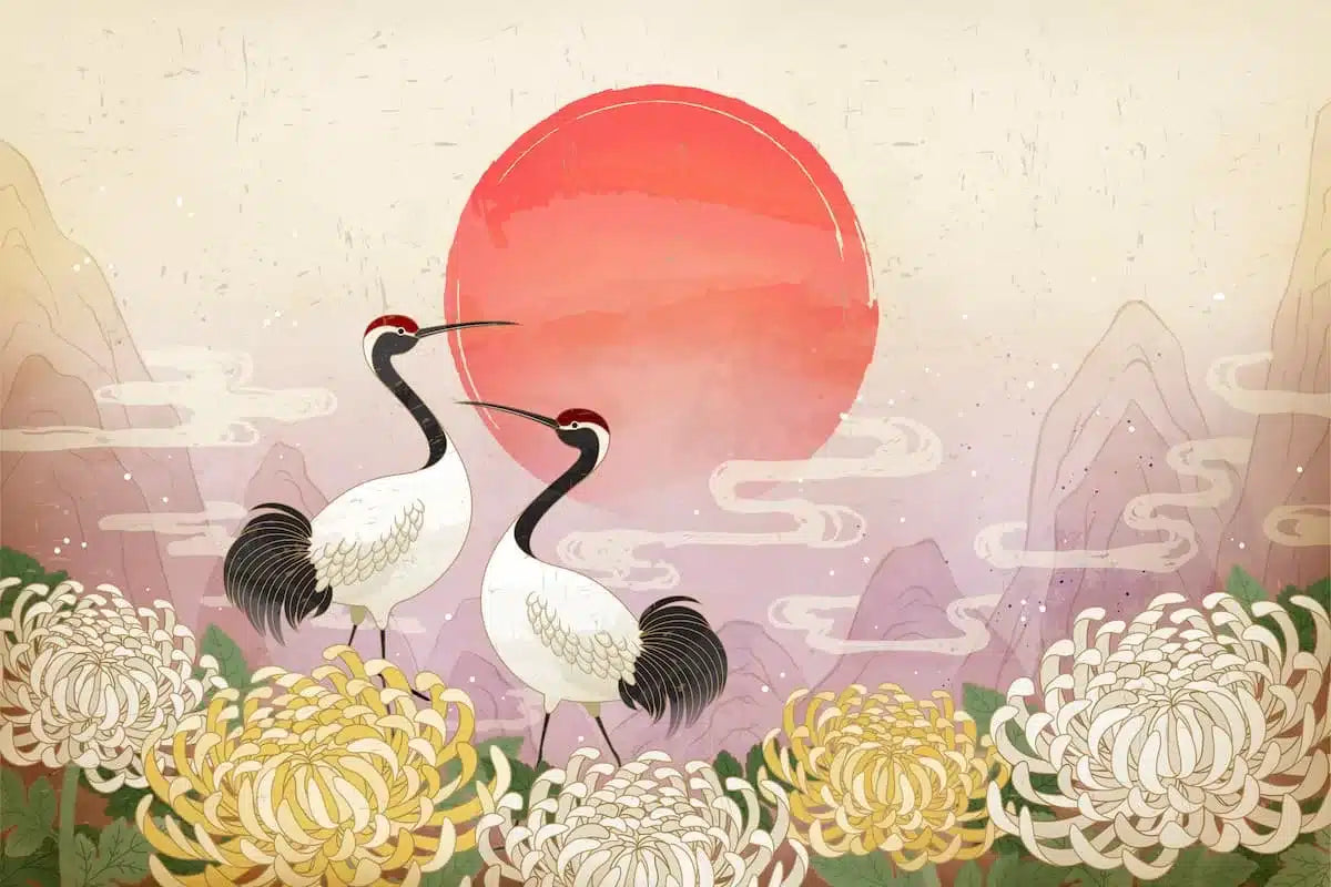 Papier‎ peint‎ montagnes‎ et‎ grues‎ japonaises