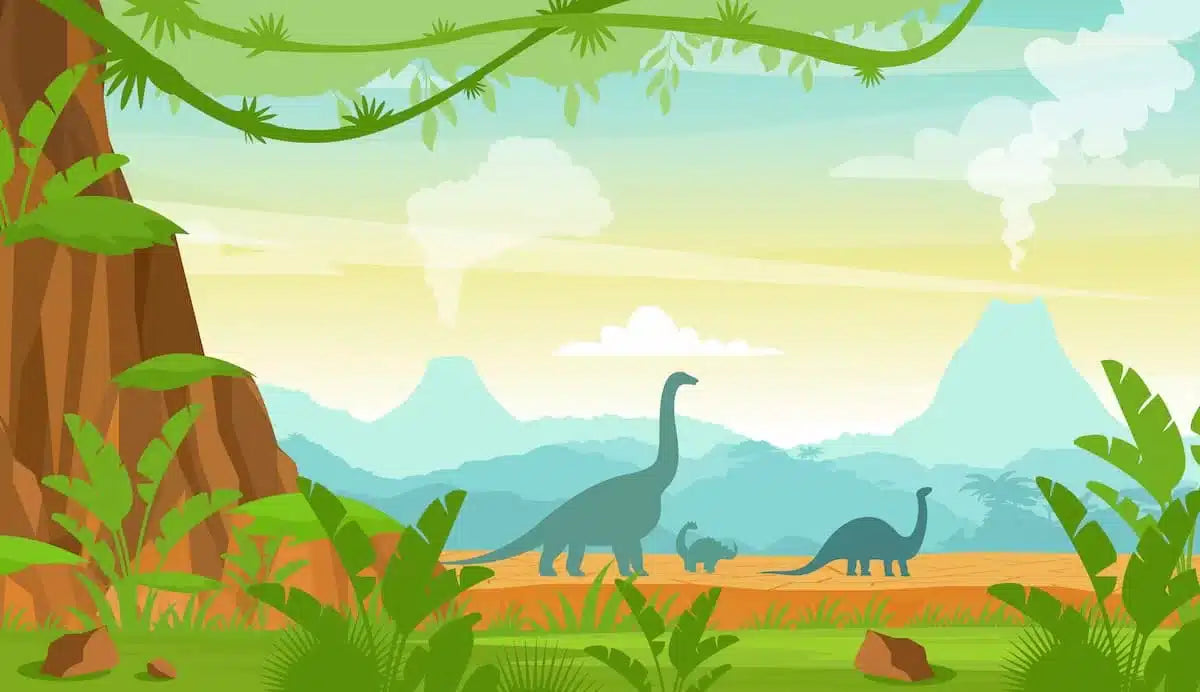 Papier peint enfant montagnes et dinosaures