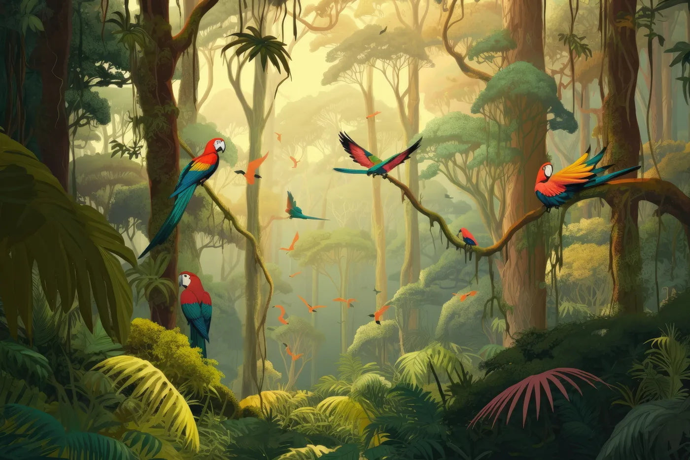Papier peint forêt tropicale et oiseaux