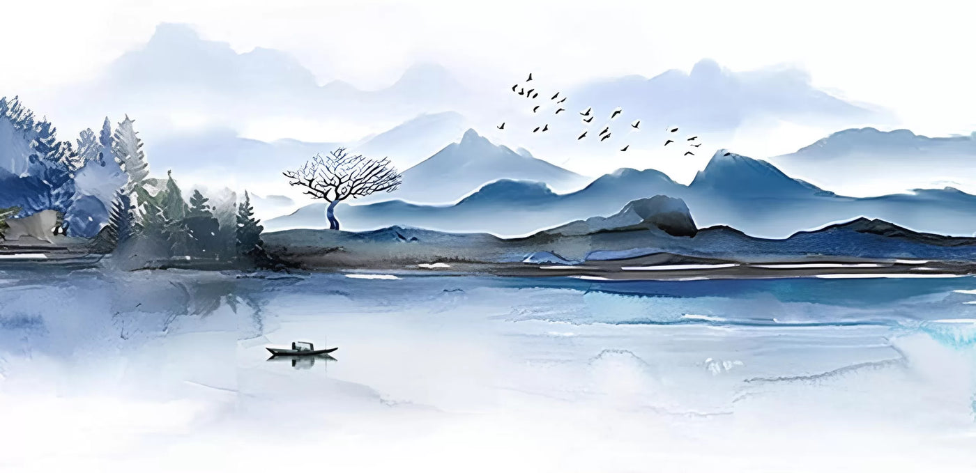 Papier‎ peint‎ japonais‎ paysage‎ lac‎ et‎ montagnes