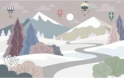 Papier peint enfant route de montagne et montgolfières