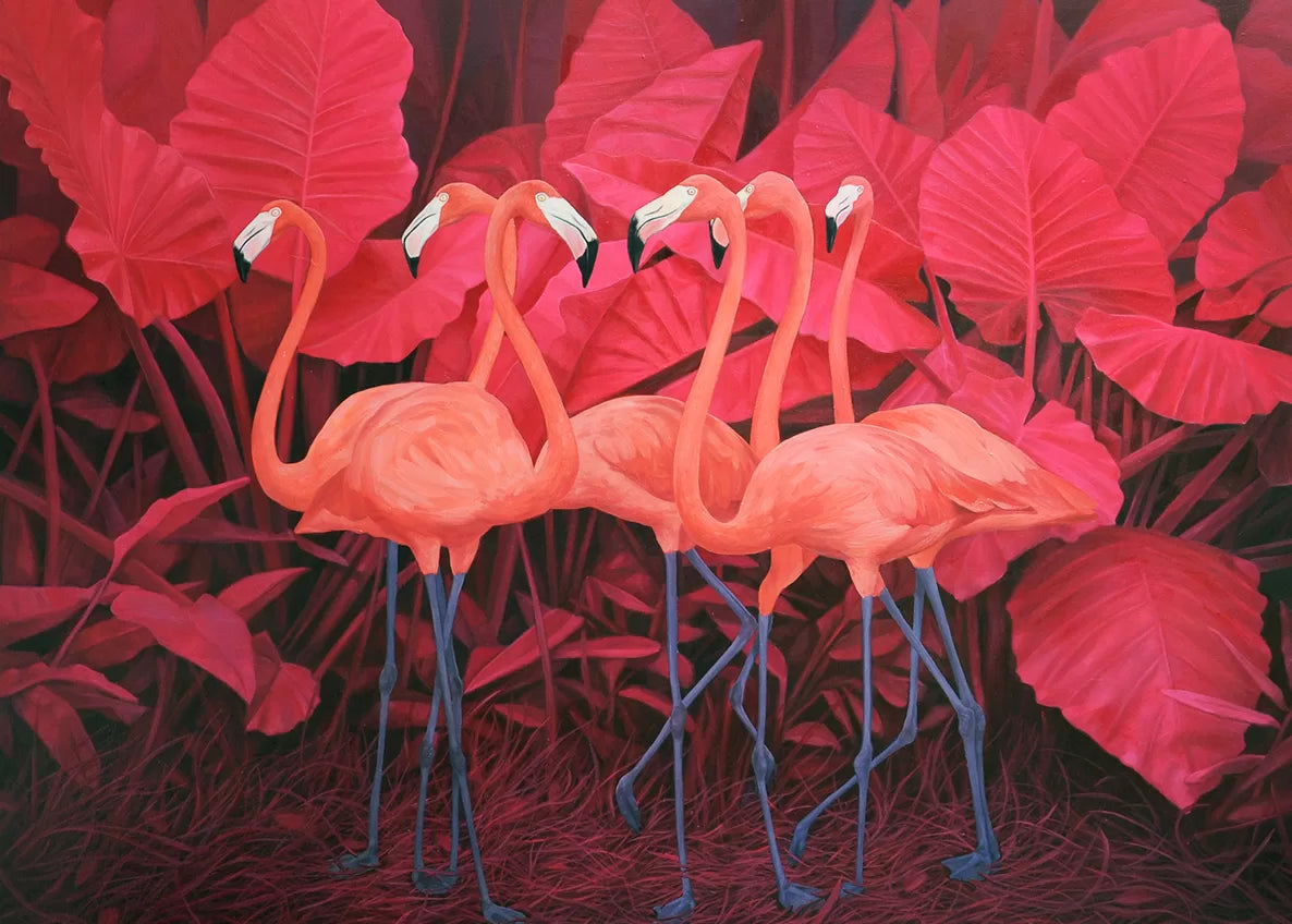 Papier‎ peint‎ plantes‎ tropicales‎ rouges‎ et‎ flamants‎ roses