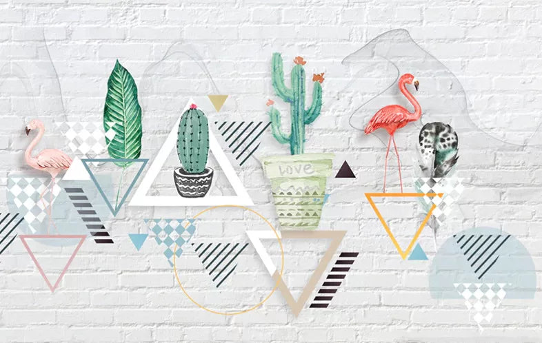 Papier‎ peint‎ géométrique‎ cactus‎ et‎ flamants‎ roses