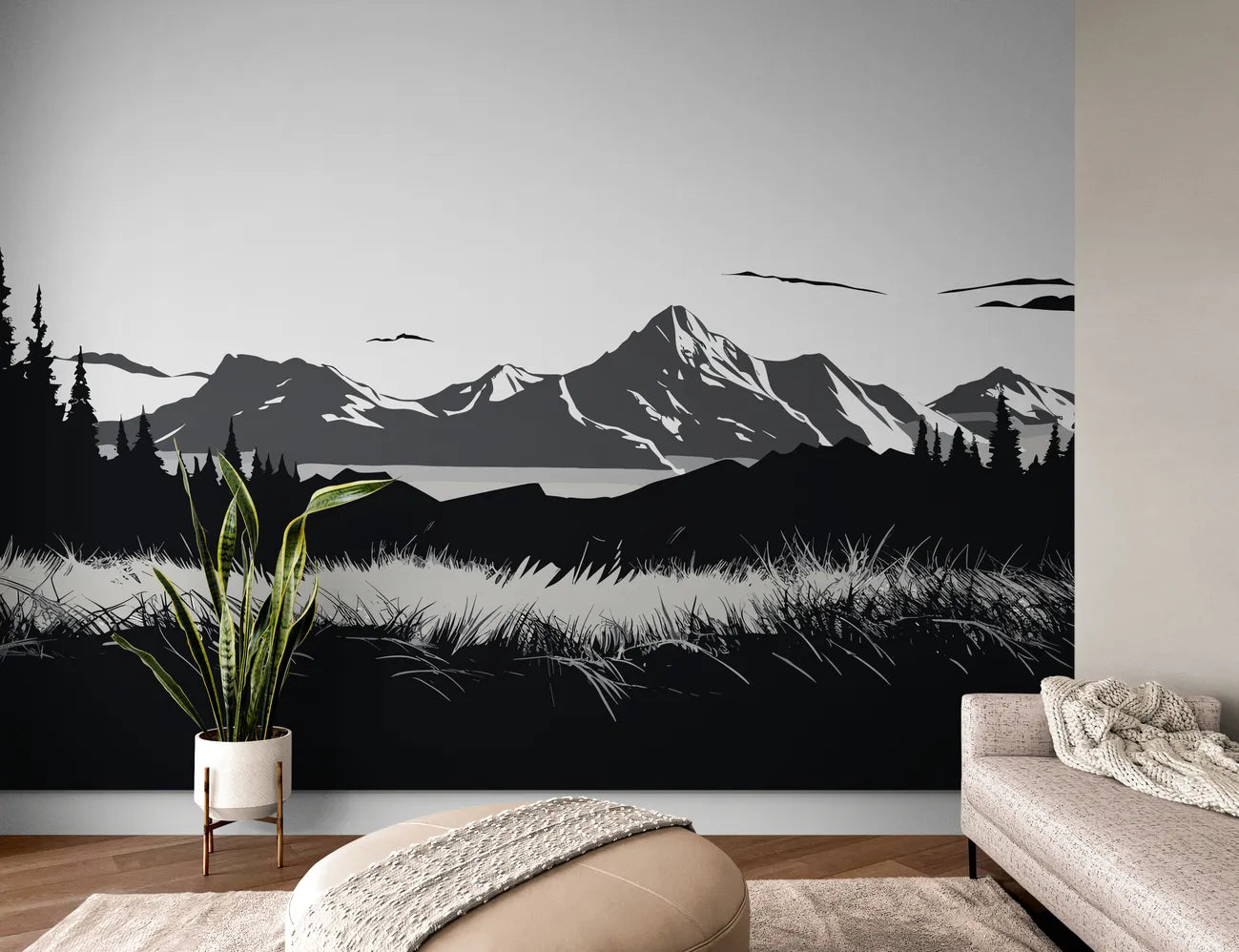 Papier peint noir et blanc montagnes lointaines