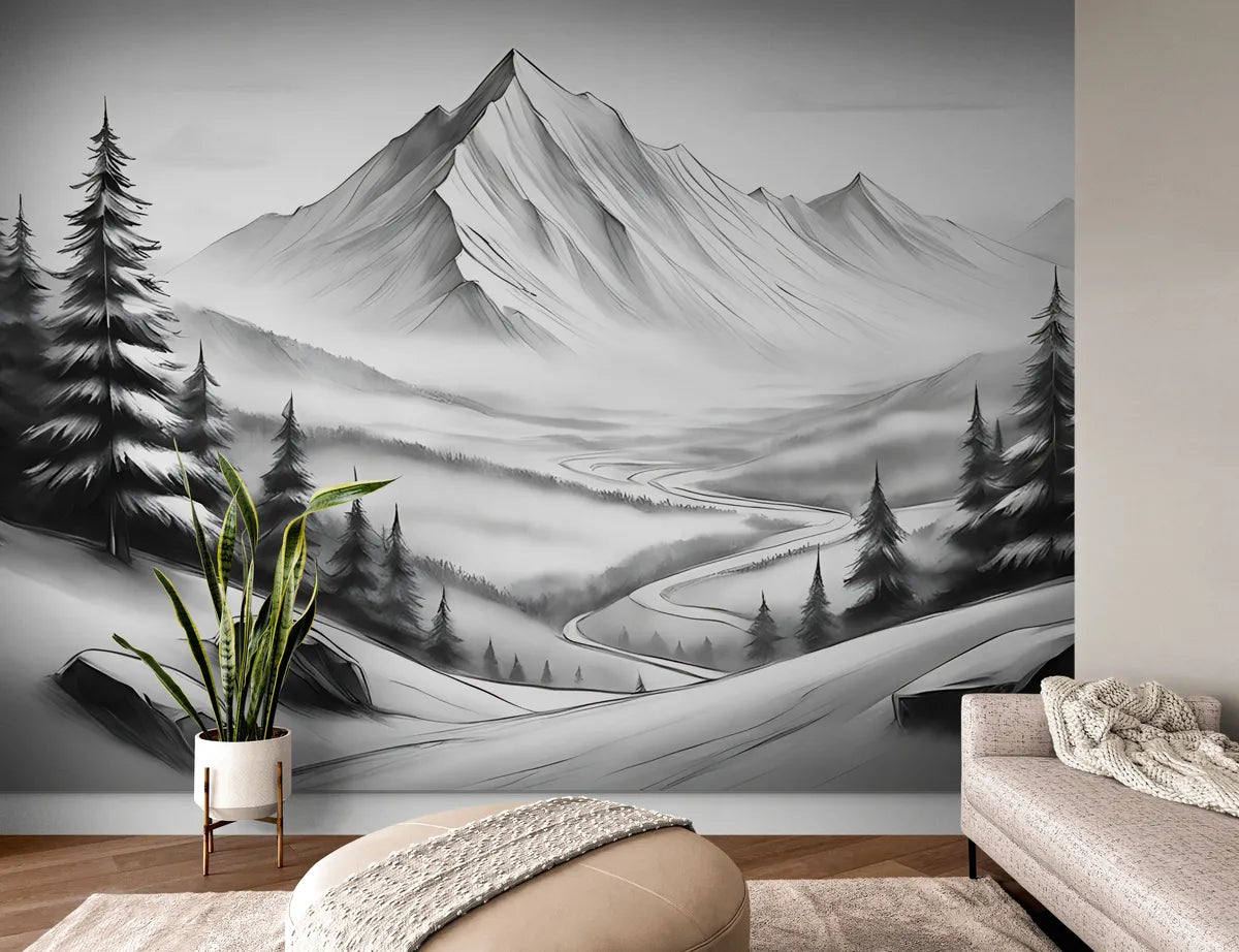 Papier peint noir et blanc vallée montagneuse
