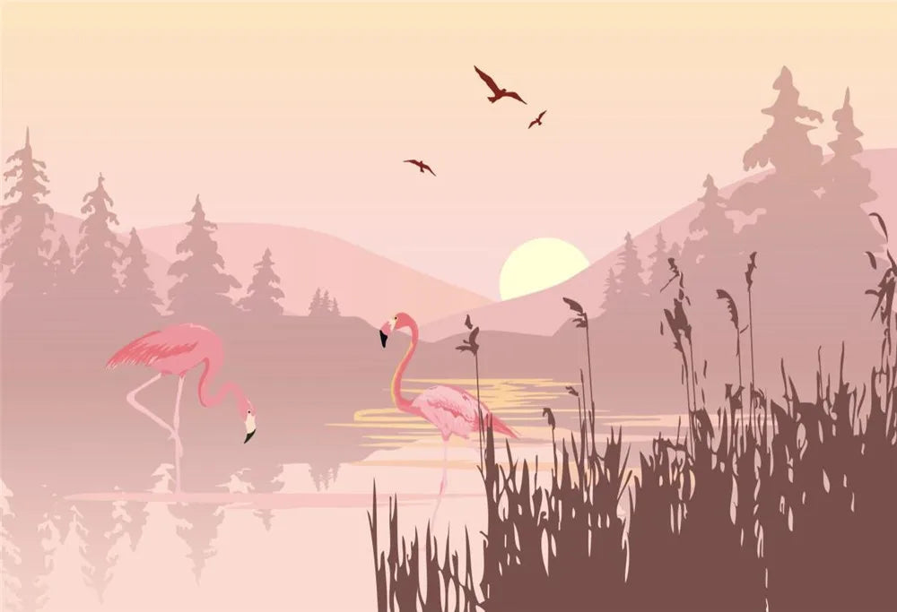 Papier‎ peint‎ flamants‎ roses‎ coucher‎ de‎ soleil
